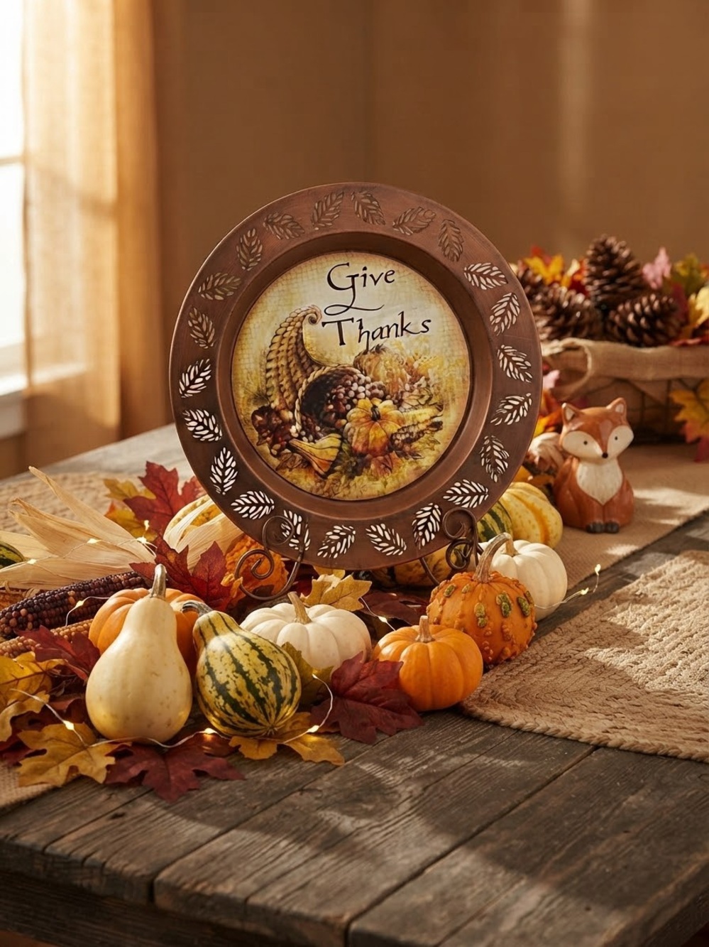 Give Thanks Decorative thanksgiving Plate/stand - Brown fall colors